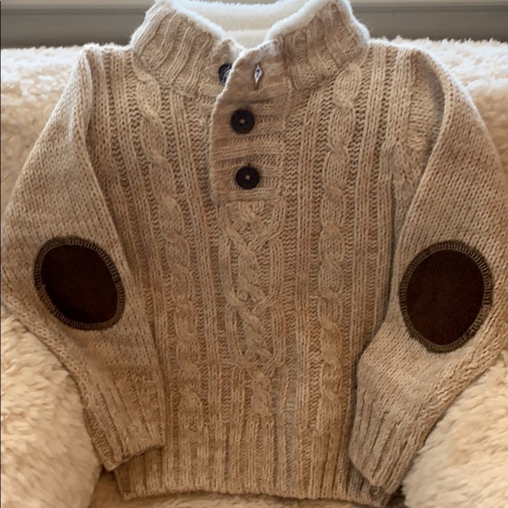 Little Lad elbow patch fur collared sweater